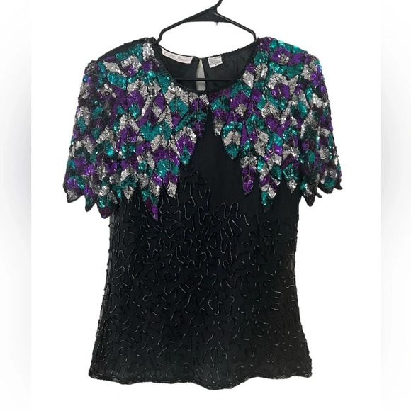 Laurence Kazar Tops - Laurence Kazar silk sequin embroidered short sleeve blouse